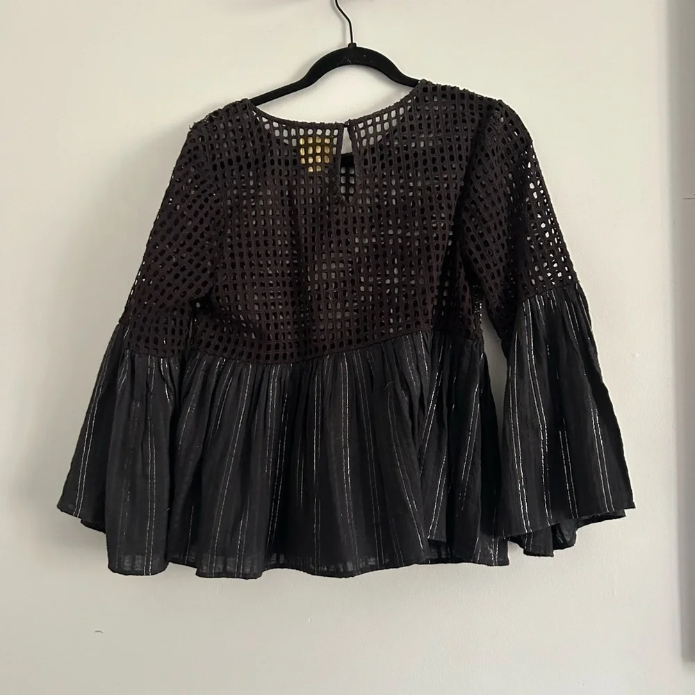 Maeve Eyelet Beaded Peplum Metallic Blouse with Wide‎ Sleeves